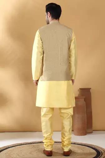 Silk blend yellow kurta and churidar with jacquard geometric beige nehru jacket