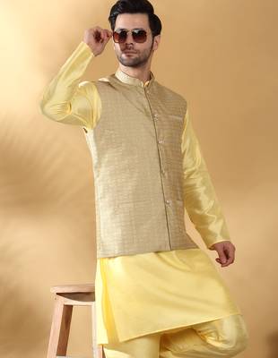 Silk blend yellow kurta and churidar with jacquard geometric beige nehru jacket 4