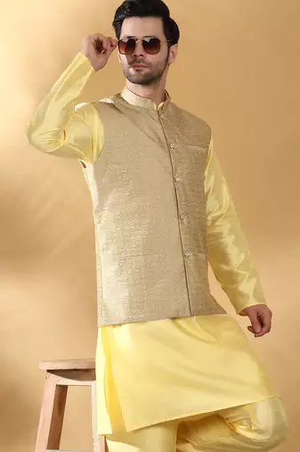 Silk blend yellow kurta and churidar with jacquard geometric beige nehru jacket