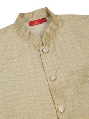 Silk blend yellow kurta and churidar with jacquard geometric beige nehru jacket 5