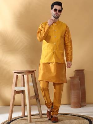 Silk blend mustard kurta and churidar with jacquard geometric nehru jacket 1