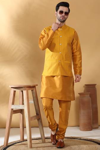 Silk blend mustard kurta and churidar with jacquard geometric nehru jacket