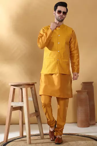 Silk blend mustard kurta and churidar with jacquard geometric nehru jacket