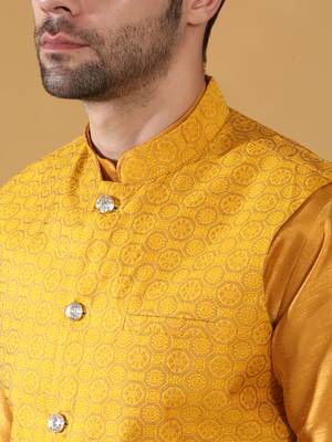 Silk blend mustard kurta and churidar with jacquard geometric nehru jacket 2