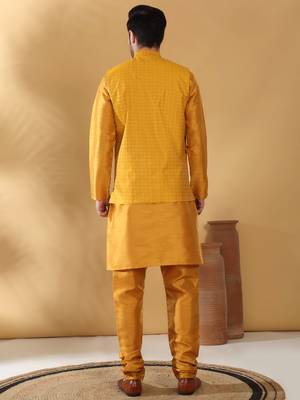Silk blend mustard kurta and churidar with jacquard geometric nehru jacket 3