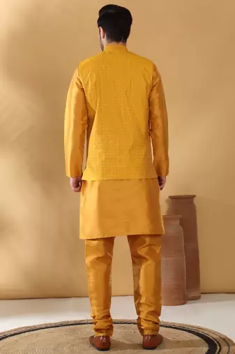 Silk blend mustard kurta and churidar with jacquard geometric nehru jacket