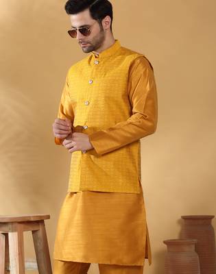 Silk blend mustard kurta and churidar with jacquard geometric nehru jacket 4