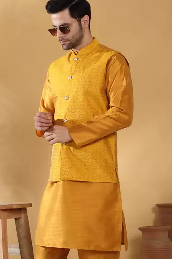 Silk blend mustard kurta and churidar with jacquard geometric nehru jacket