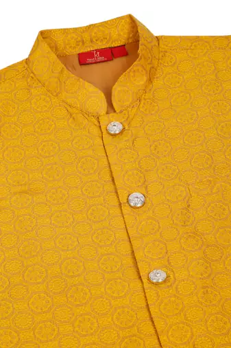 Silk blend mustard kurta and churidar with jacquard geometric nehru jacket