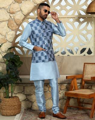 Silk blend solid sky blue kurta and churidar with printed nehru jacket 1