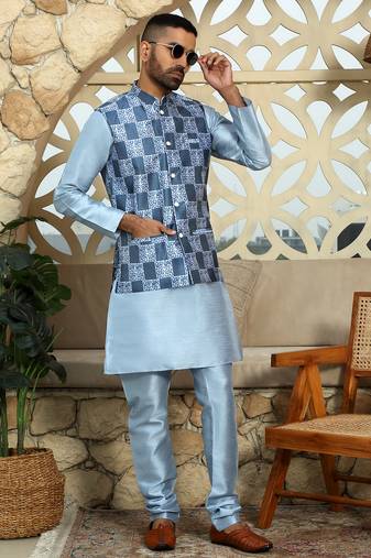 Silk blend solid sky blue kurta and churidar with printed nehru jacket
