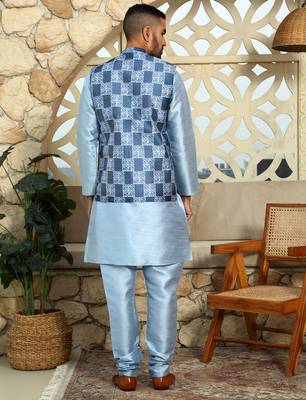Silk blend solid sky blue kurta and churidar with printed nehru jacket 3