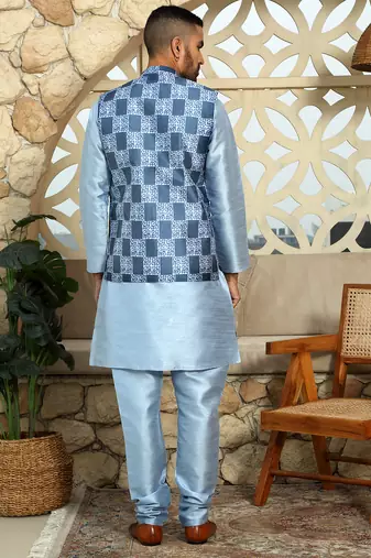 Silk blend solid sky blue kurta and churidar with printed nehru jacket