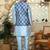 Silk blend solid sky blue kurta and churidar with printed nehru jacket