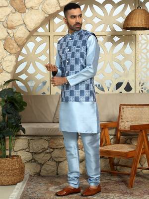 Silk blend solid sky blue kurta and churidar with printed nehru jacket 4