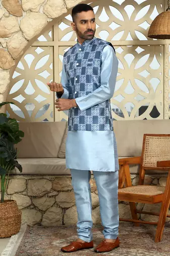 Silk blend solid sky blue kurta and churidar with printed nehru jacket