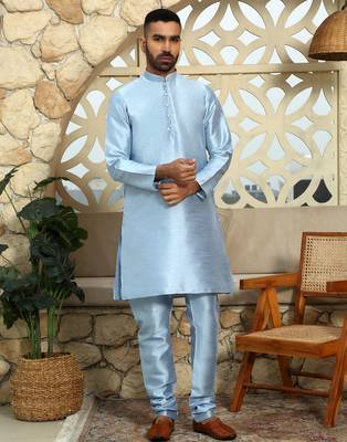 Silk blend solid sky blue kurta and churidar with printed nehru jacket 5