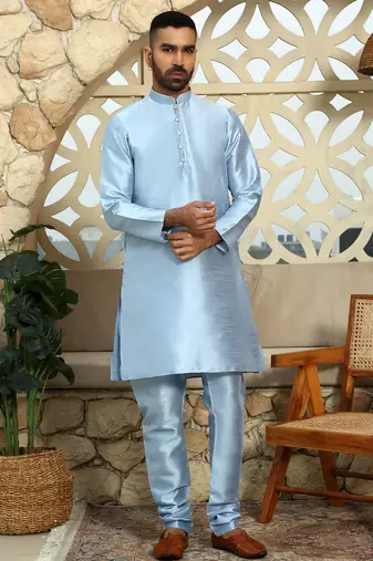 Silk blend solid sky blue kurta and churidar with printed nehru jacket