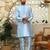 Silk blend solid sky blue kurta and churidar with printed nehru jacket