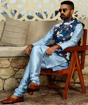 Silk blend solid sky blue kurta and churidar with floral nehru jacket 1