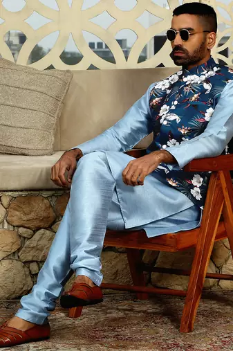Silk blend solid sky blue kurta and churidar with floral nehru jacket