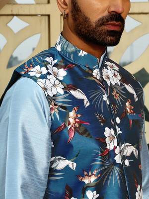 Silk blend solid sky blue kurta and churidar with floral nehru jacket 2
