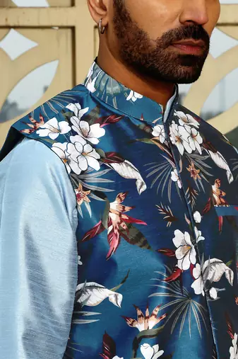 Silk blend solid sky blue kurta and churidar with floral nehru jacket