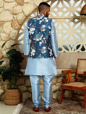 Silk blend solid sky blue kurta and churidar with floral nehru jacket 3