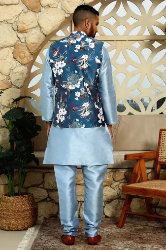 Silk blend solid sky blue kurta and churidar with floral nehru jacket