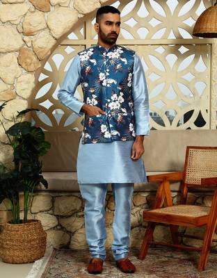 Silk blend solid sky blue kurta and churidar with floral nehru jacket 4