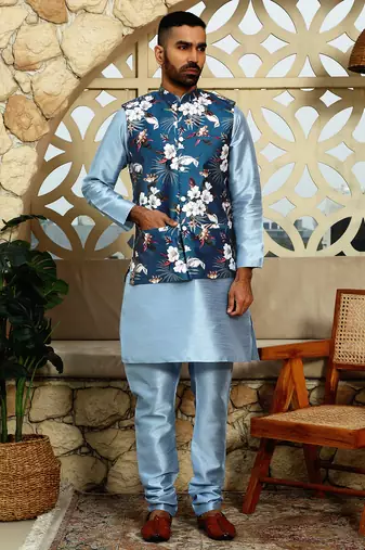 Silk blend solid sky blue kurta and churidar with floral nehru jacket
