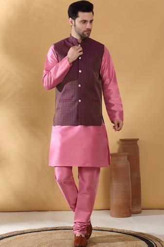 Silk blend pink kurta and churidar with jacquard geometric purple nehru jacket