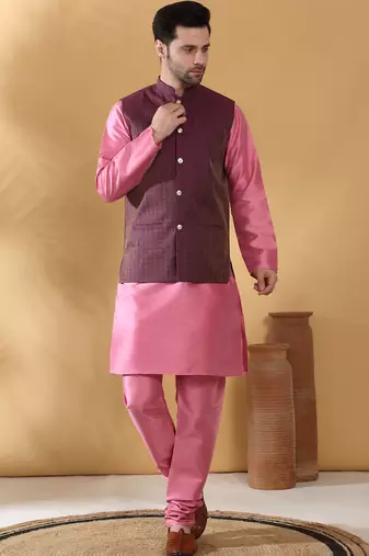 Silk blend pink kurta and churidar with jacquard geometric purple nehru jacket