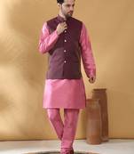 Silk blend pink kurta and churidar with jacquard geometric purple nehru jacket