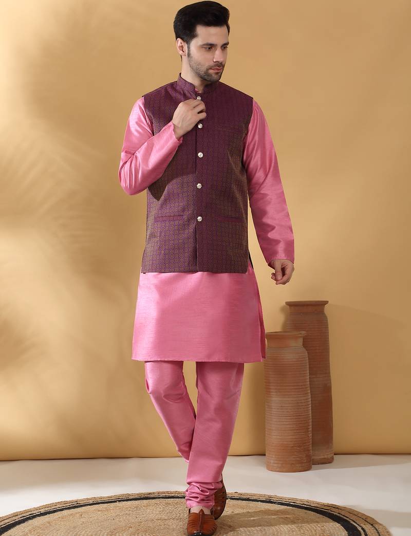 Silk blend pink kurta and churidar with jacquard geometric purple nehru jacket