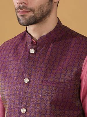 Silk blend pink kurta and churidar with jacquard geometric purple nehru jacket 2