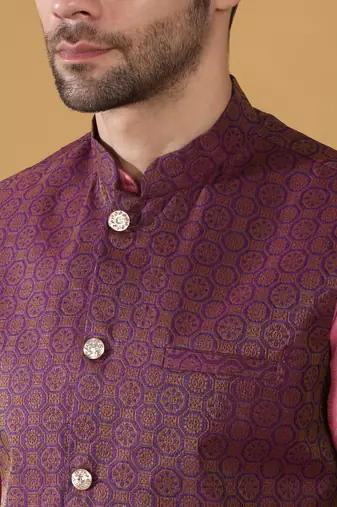 Silk blend pink kurta and churidar with jacquard geometric purple nehru jacket