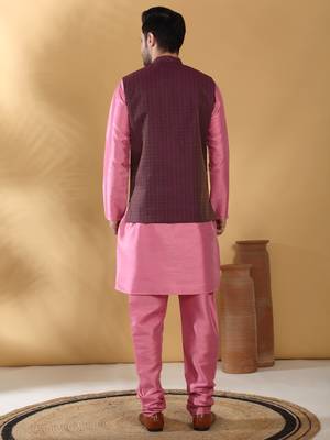 Silk blend pink kurta and churidar with jacquard geometric purple nehru jacket 3