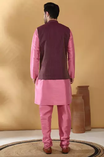 Silk blend pink kurta and churidar with jacquard geometric purple nehru jacket