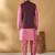 Silk blend pink kurta and churidar with jacquard geometric purple nehru jacket