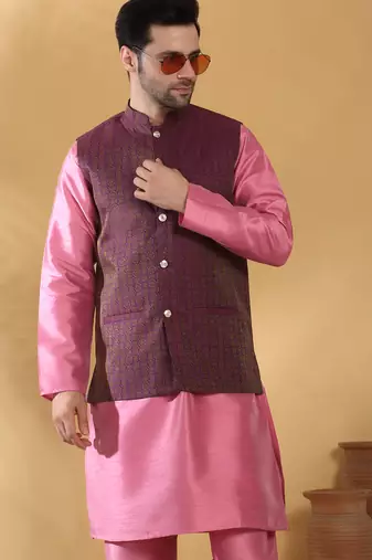 Silk blend pink kurta and churidar with jacquard geometric purple nehru jacket