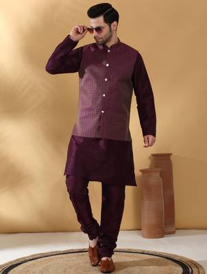 Silk blend purple kurta and churidar with jacquard geometric purple nehru jacket 1