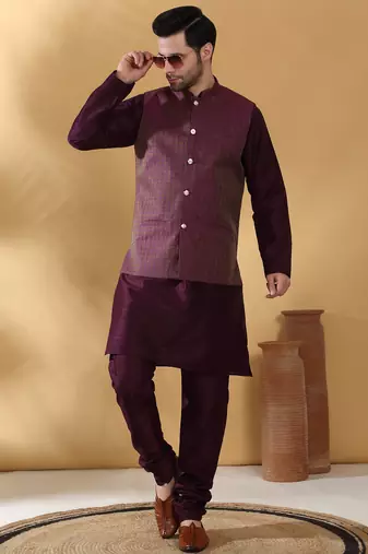 Silk blend purple kurta and churidar with jacquard geometric purple nehru jacket