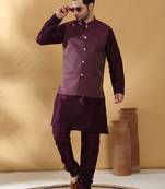 Silk blend purple kurta and churidar with jacquard geometric purple nehru jacket
