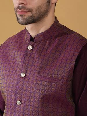 Silk blend purple kurta and churidar with jacquard geometric purple nehru jacket 2