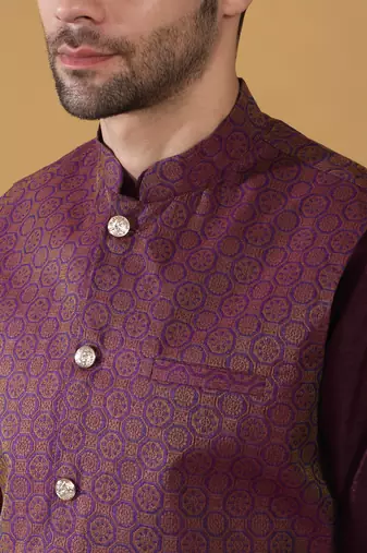 Silk blend purple kurta and churidar with jacquard geometric purple nehru jacket