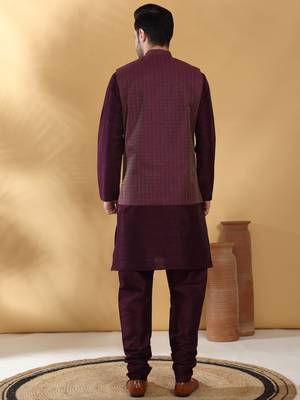 Silk blend purple kurta and churidar with jacquard geometric purple nehru jacket 3