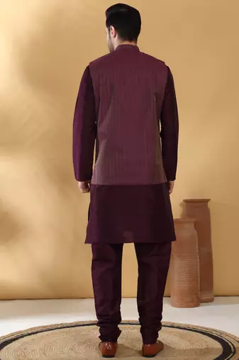 Silk blend purple kurta and churidar with jacquard geometric purple nehru jacket