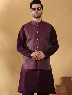 Silk blend purple kurta and churidar with jacquard geometric purple nehru jacket 4