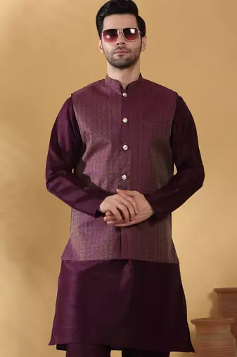 Silk blend purple kurta and churidar with jacquard geometric purple nehru jacket